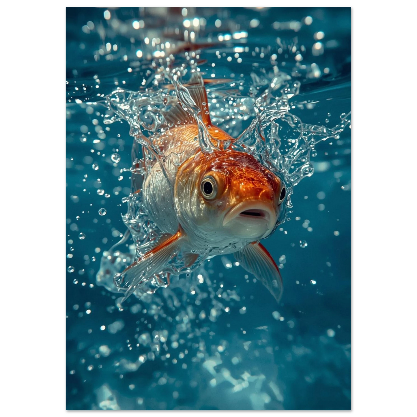 Actionbild av en guldfisk som bryter ytan, turkost vatten och stänk