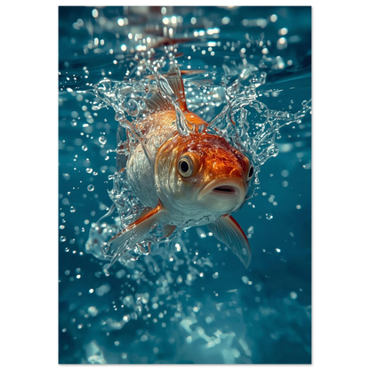 Actionbild av en guldfisk som bryter ytan, turkost vatten och stänk