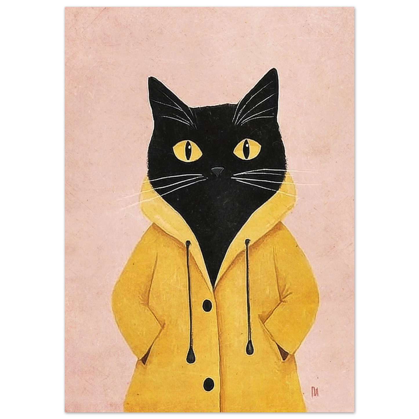 Närbild på svart kattmotiv med gul regnjacka och gula ögon