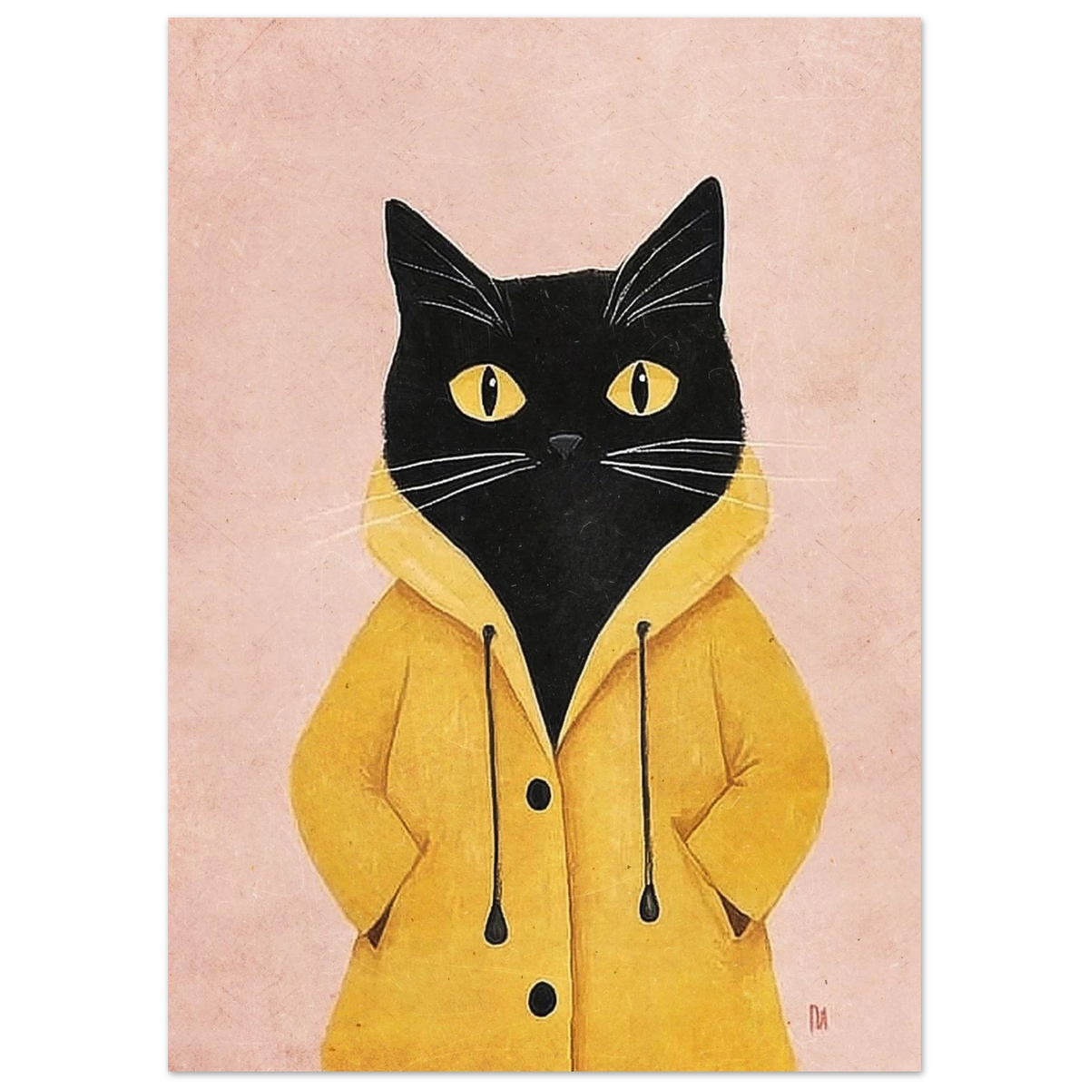 Närbild på svart kattmotiv med gul regnjacka och gula ögon