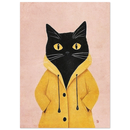Närbild på svart kattmotiv med gul regnjacka och gula ögon