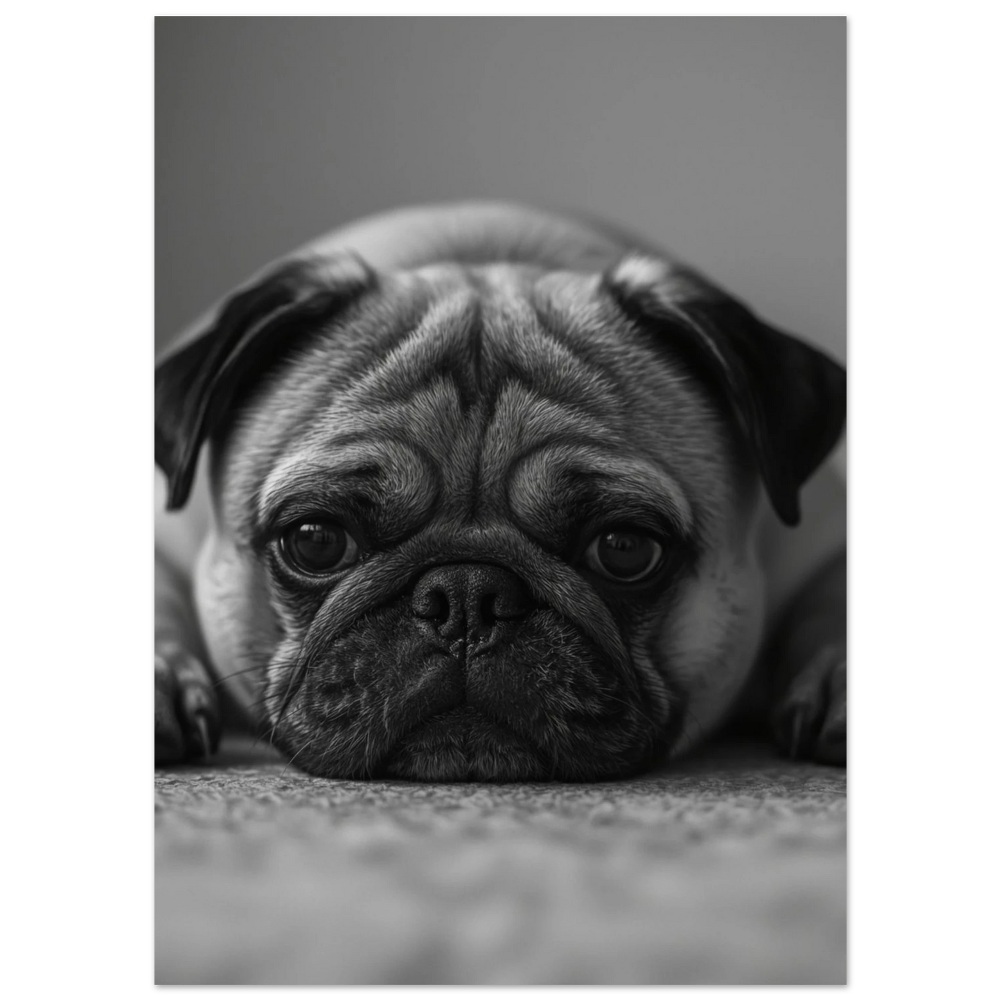 Närbild på mops med melankolisk blick, svartvit hundposter i studiomiljö