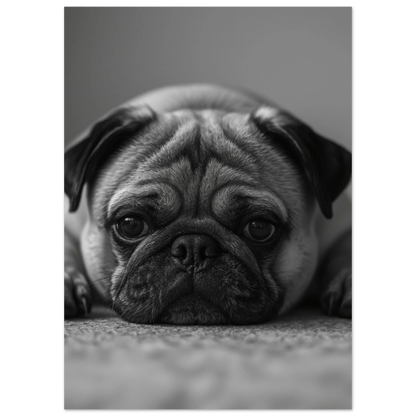 Närbild på mops med melankolisk blick, svartvit hundposter i studiomiljö
