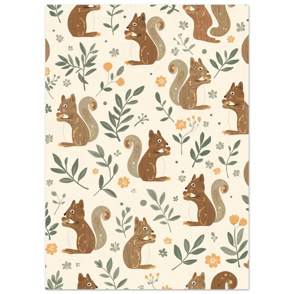 Lekfull djurposter med ekorrar som äter nötter bland små orangea blommor