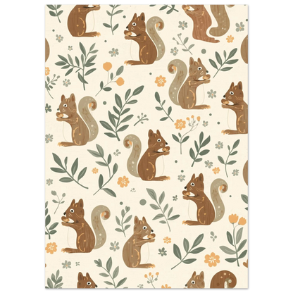 Lekfull djurposter med ekorrar som äter nötter bland små orangea blommor