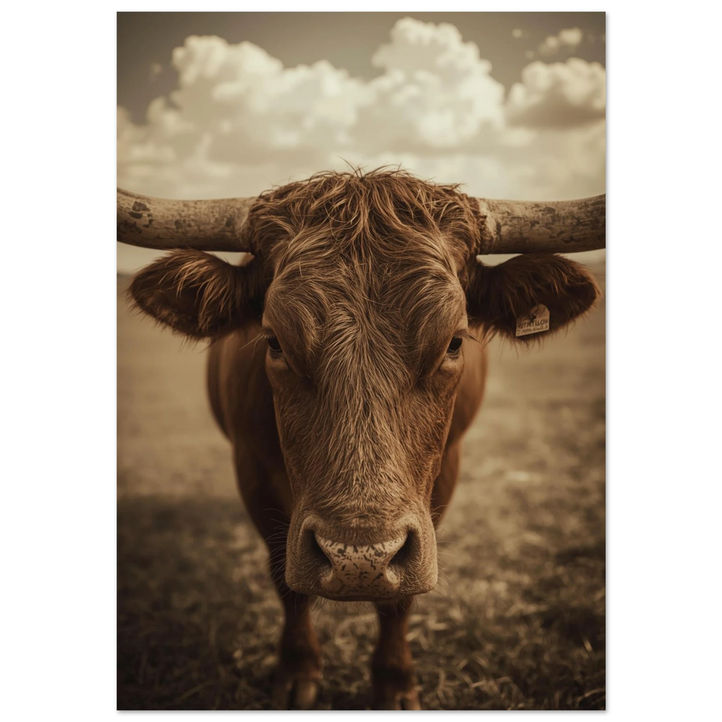 Närbild på Texas Longhorn med stora horn i sepia-tonad fotokonst