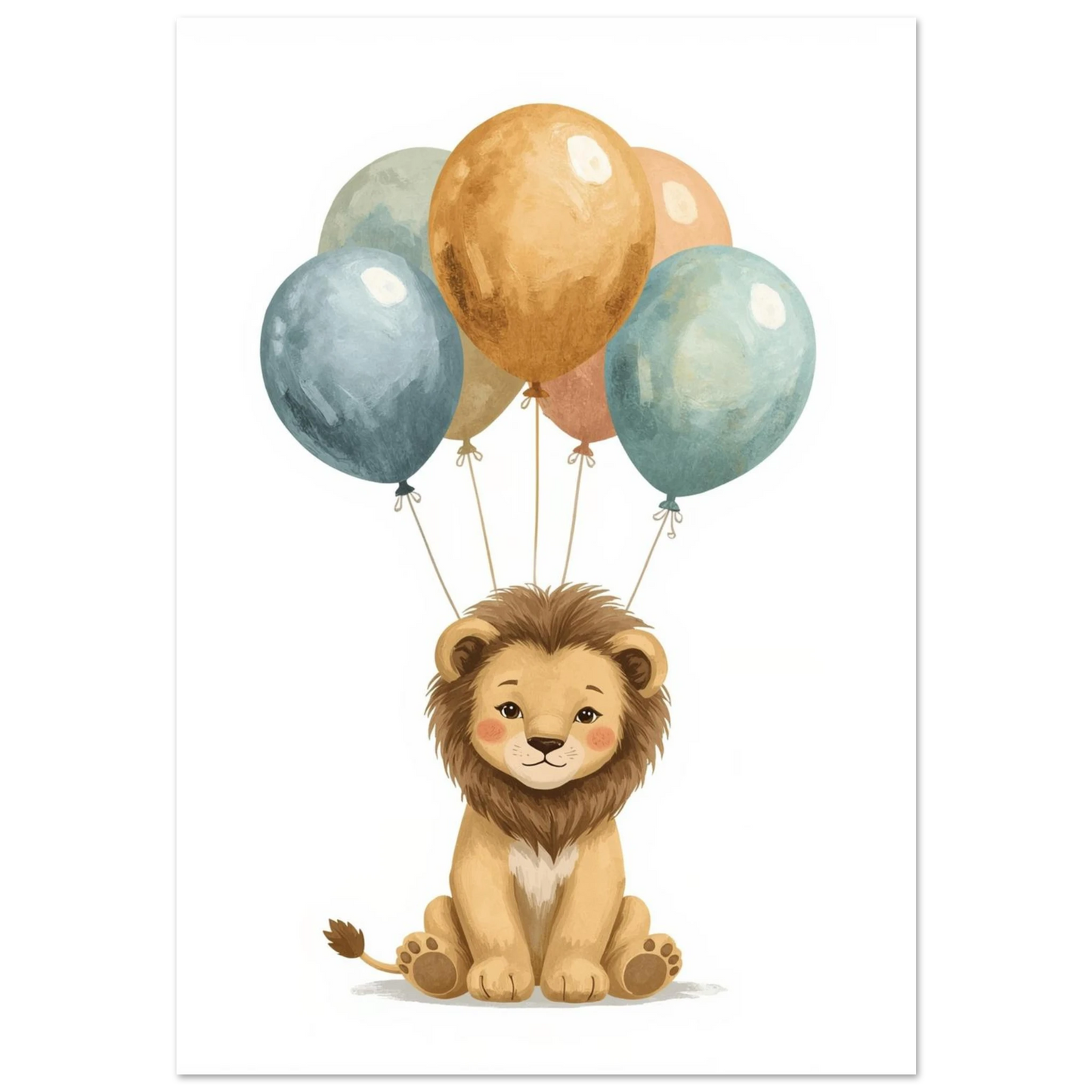Söt lejonunge med ballonger i guld och blått – gouacheillustration