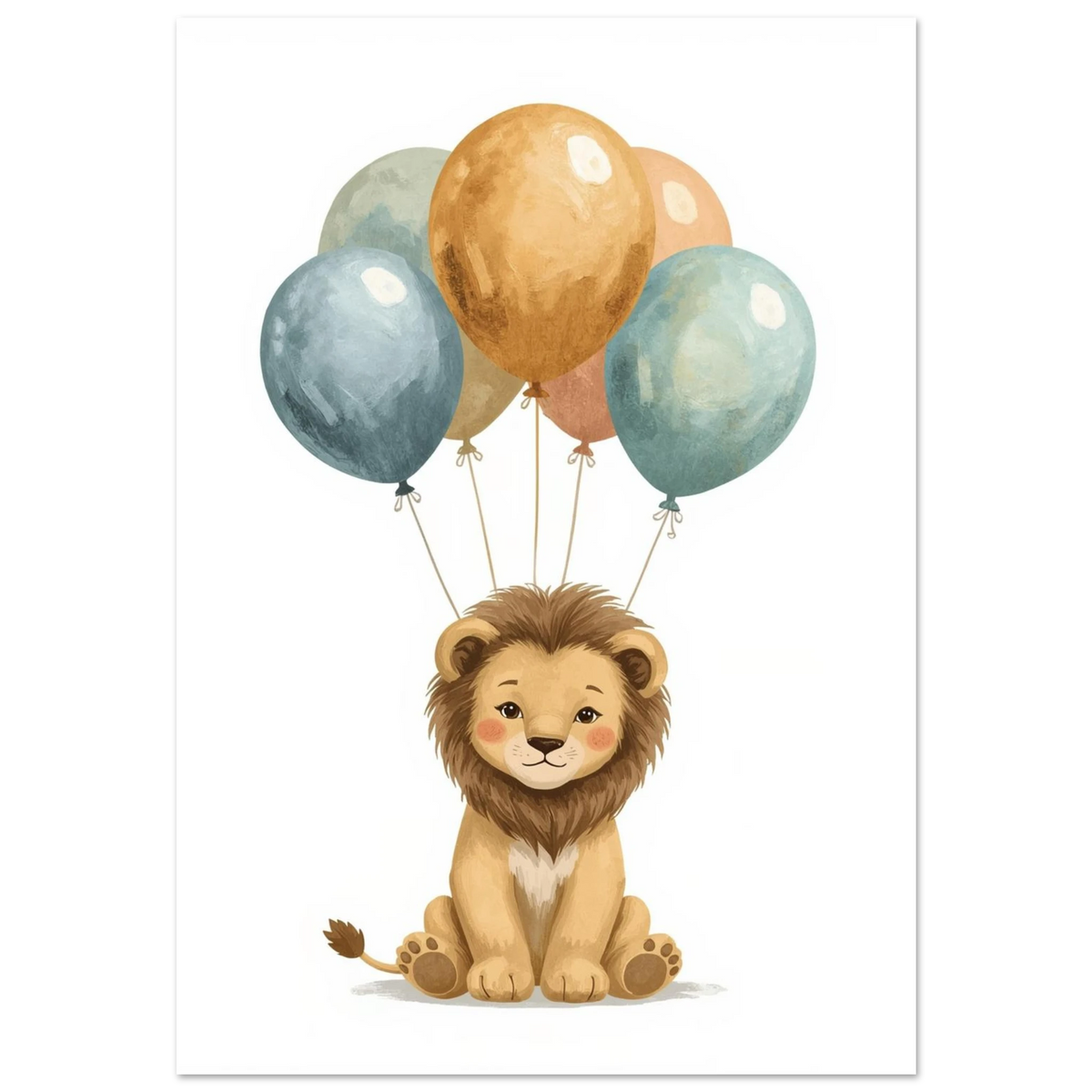 Söt lejonunge med ballonger i guld och blått – gouacheillustration