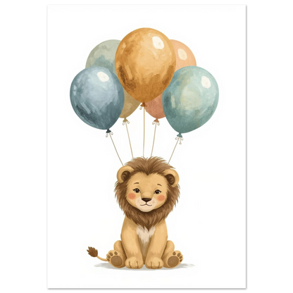 Söt lejonunge med ballonger i guld och blått – gouacheillustration