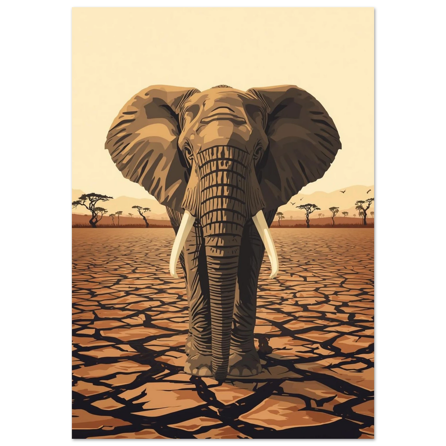 Elefant på sprucken mark med savann i bakgrunden – Retro poster