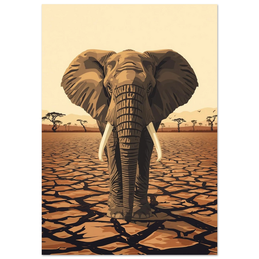 Elefant på sprucken mark med savann i bakgrunden – Retro poster