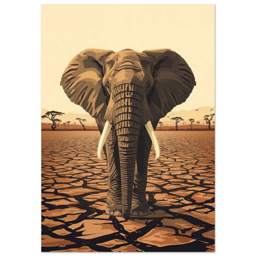 Elefant på sprucken mark med savann i bakgrunden – Retro poster