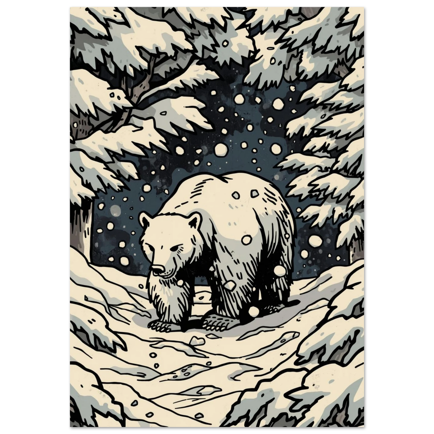 Grafisk illustration av en björn i snöfall och vinterskog