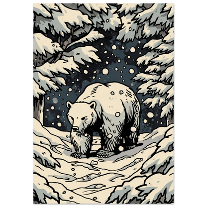 Grafisk illustration av en björn i snöfall och vinterskog