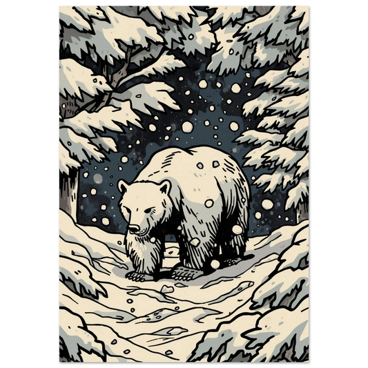 Grafisk illustration av en björn i snöfall och vinterskog