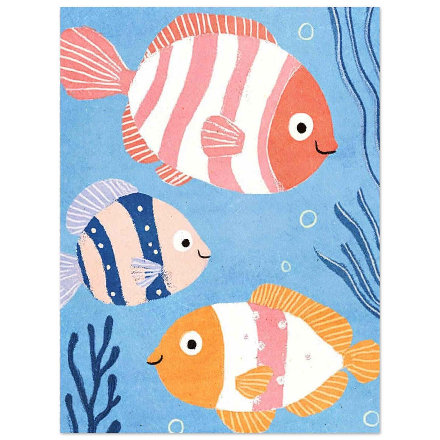 Barnslig akvatisk illustration med fiskar och bubblor på blå bakgrund – print