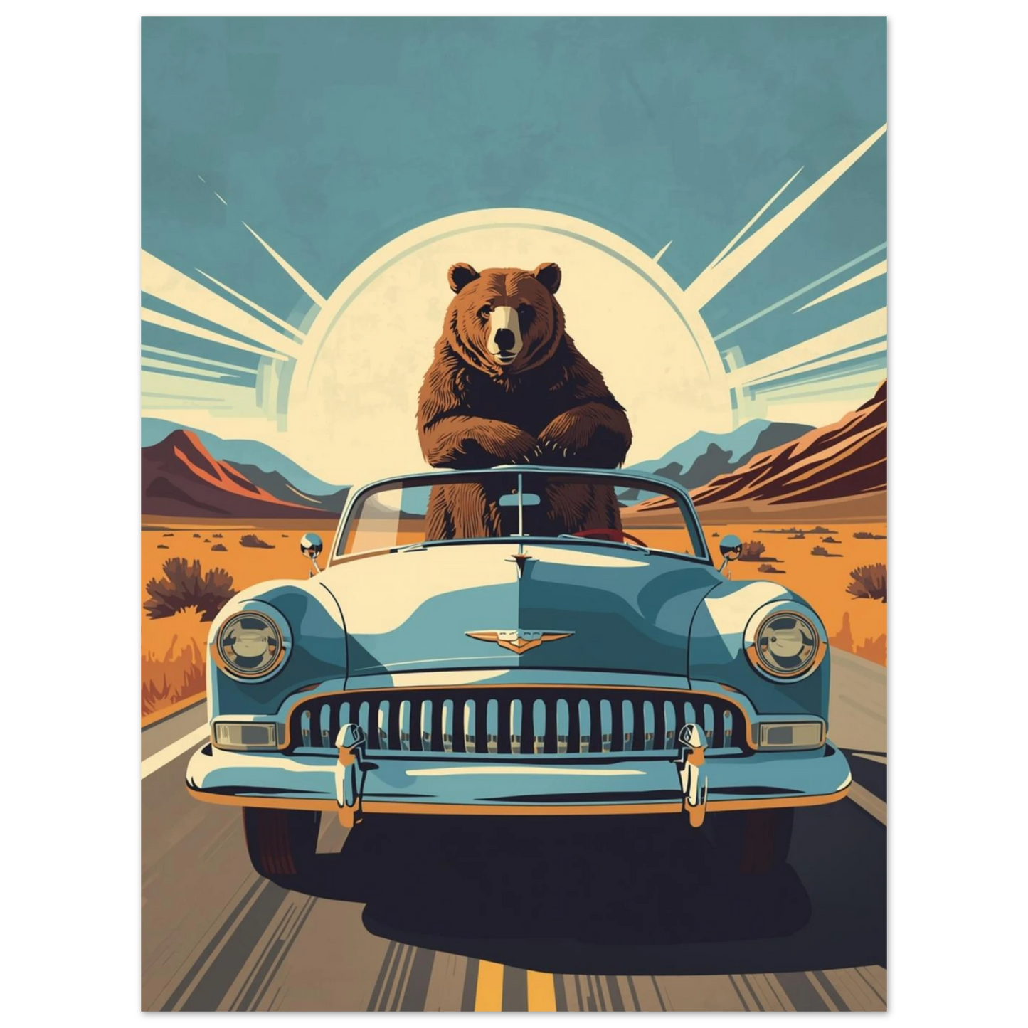 Brunbjörn på roadtrip i klassisk blå bil – konstnärligt djurmotiv