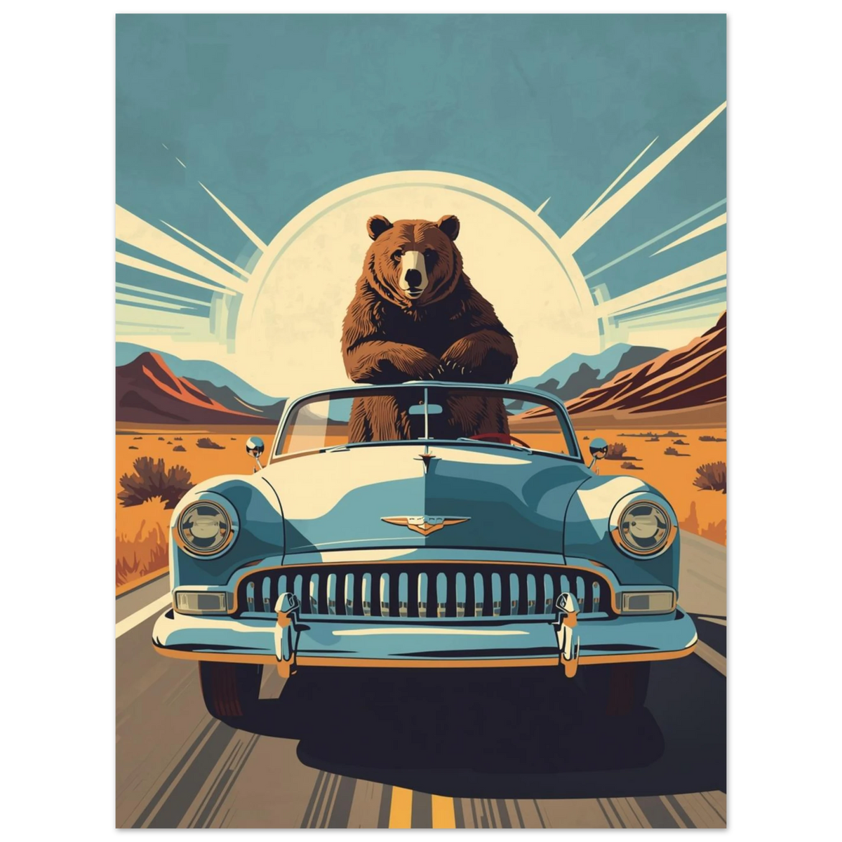 Brunbjörn på roadtrip i klassisk blå bil – konstnärligt djurmotiv