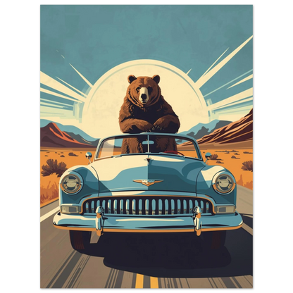 Brunbjörn på roadtrip i klassisk blå bil – konstnärligt djurmotiv