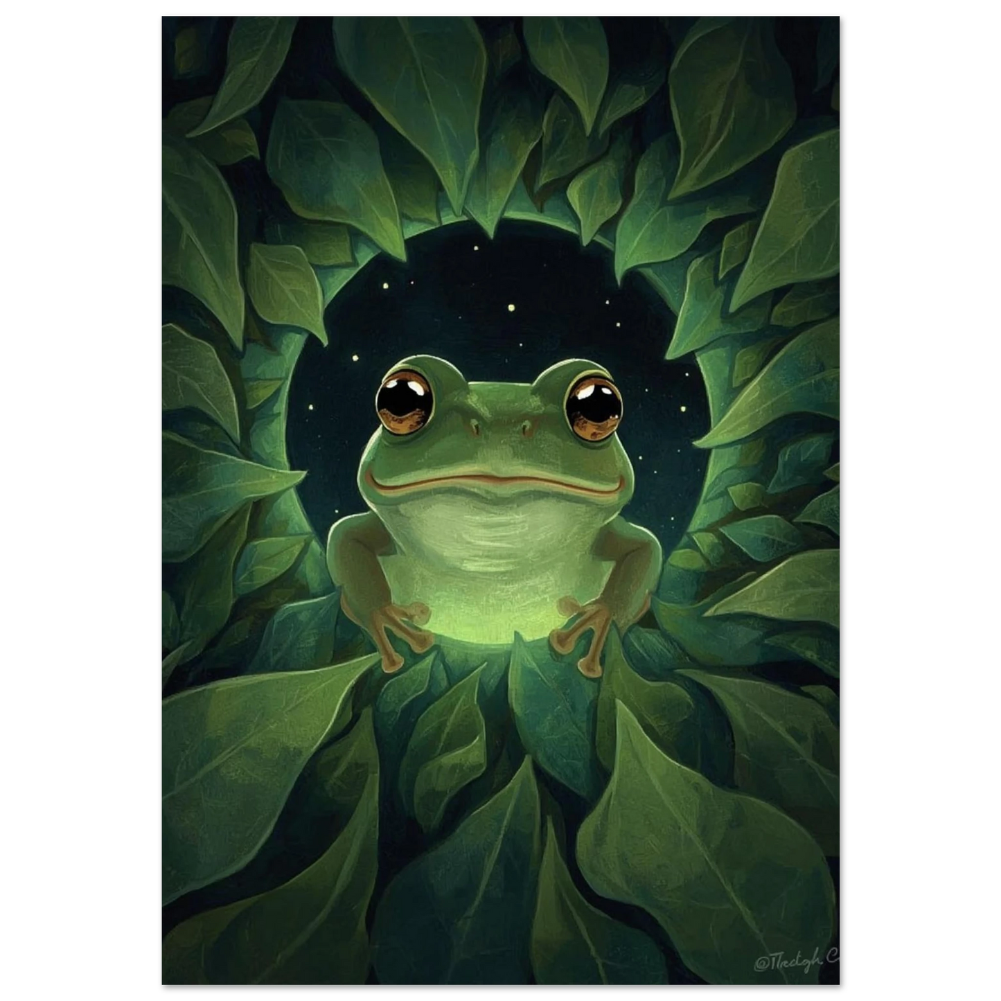 Grön groda med stora ögon i mörkt lövverk, digital illustration