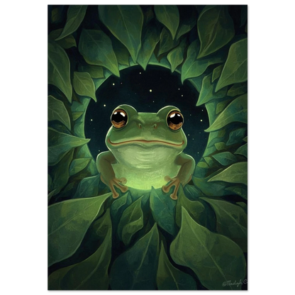 Grön groda med stora ögon i mörkt lövverk, digital illustration