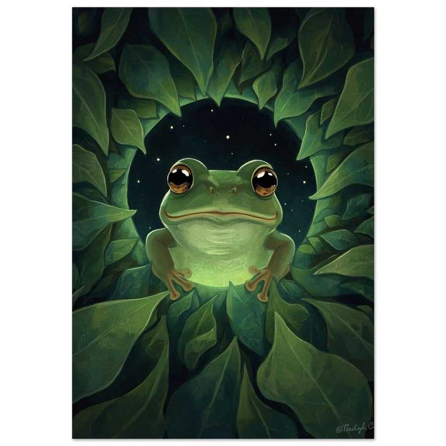 Grön groda med stora ögon i mörkt lövverk, digital illustration
