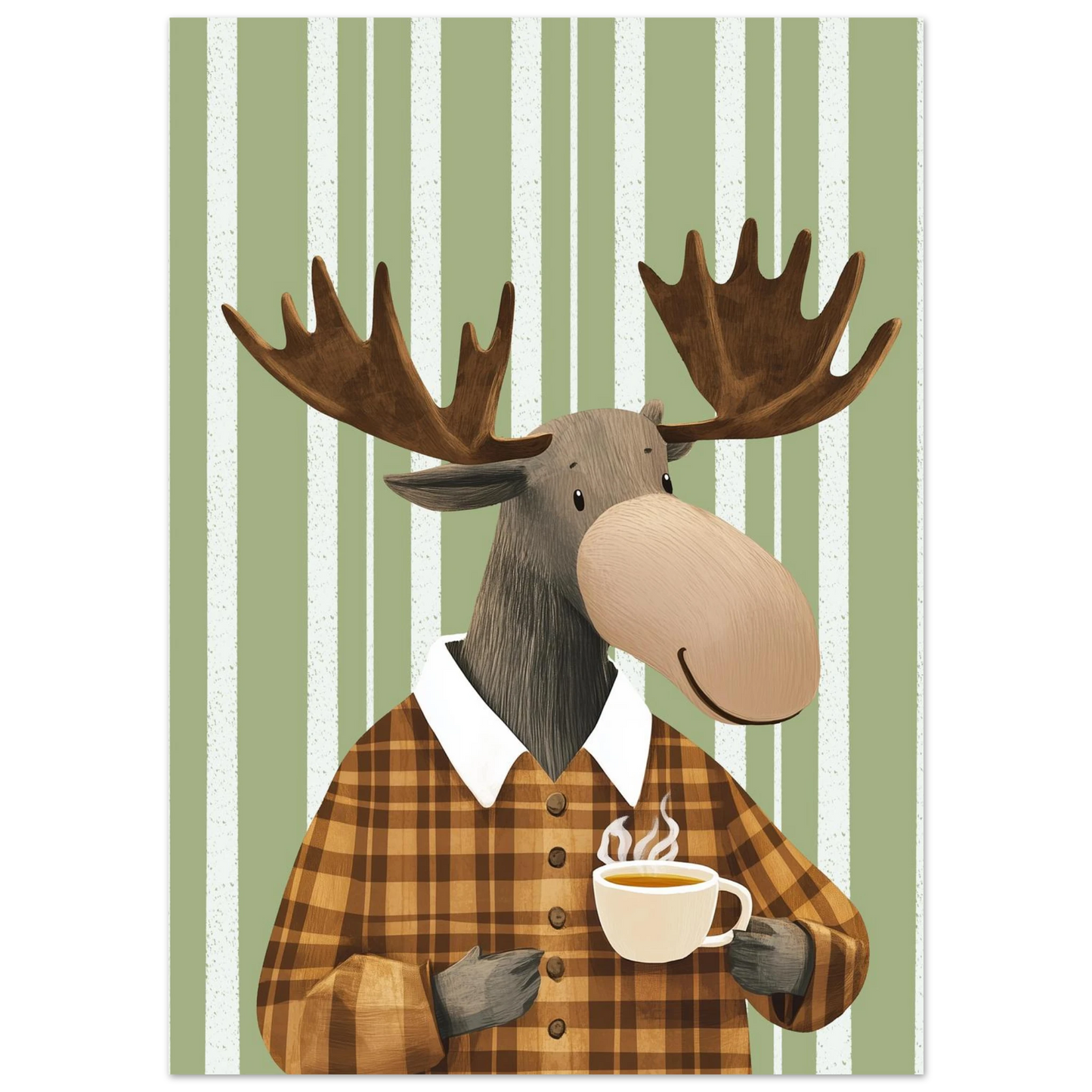 Närbild på tecknad älg i rutig skjorta med kaffekopp, grönvit randig bakgrund – Tecknad poster