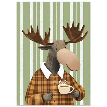 Närbild på tecknad älg i rutig skjorta med kaffekopp, grönvit randig bakgrund – Tecknad poster