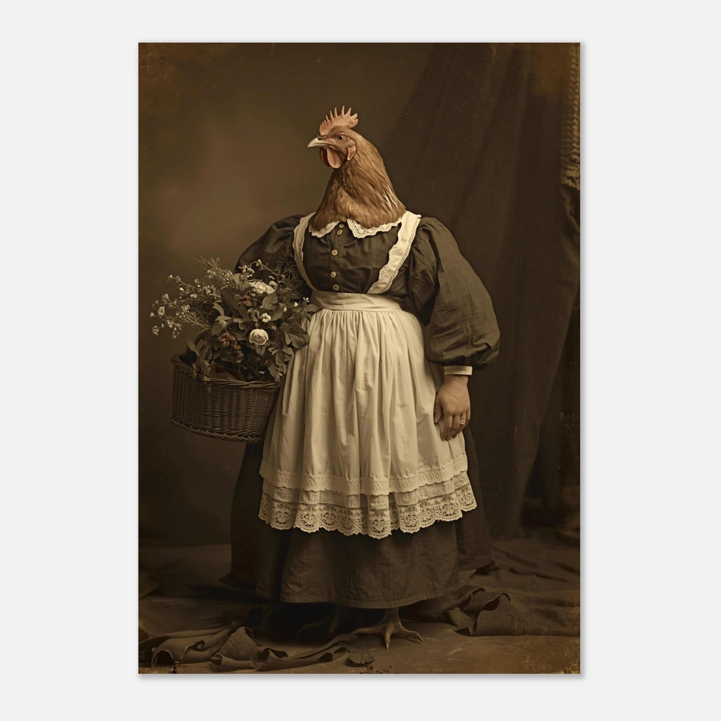 Vintageinspirerad tavla med en höna i klänning mot mörk bakgrund
