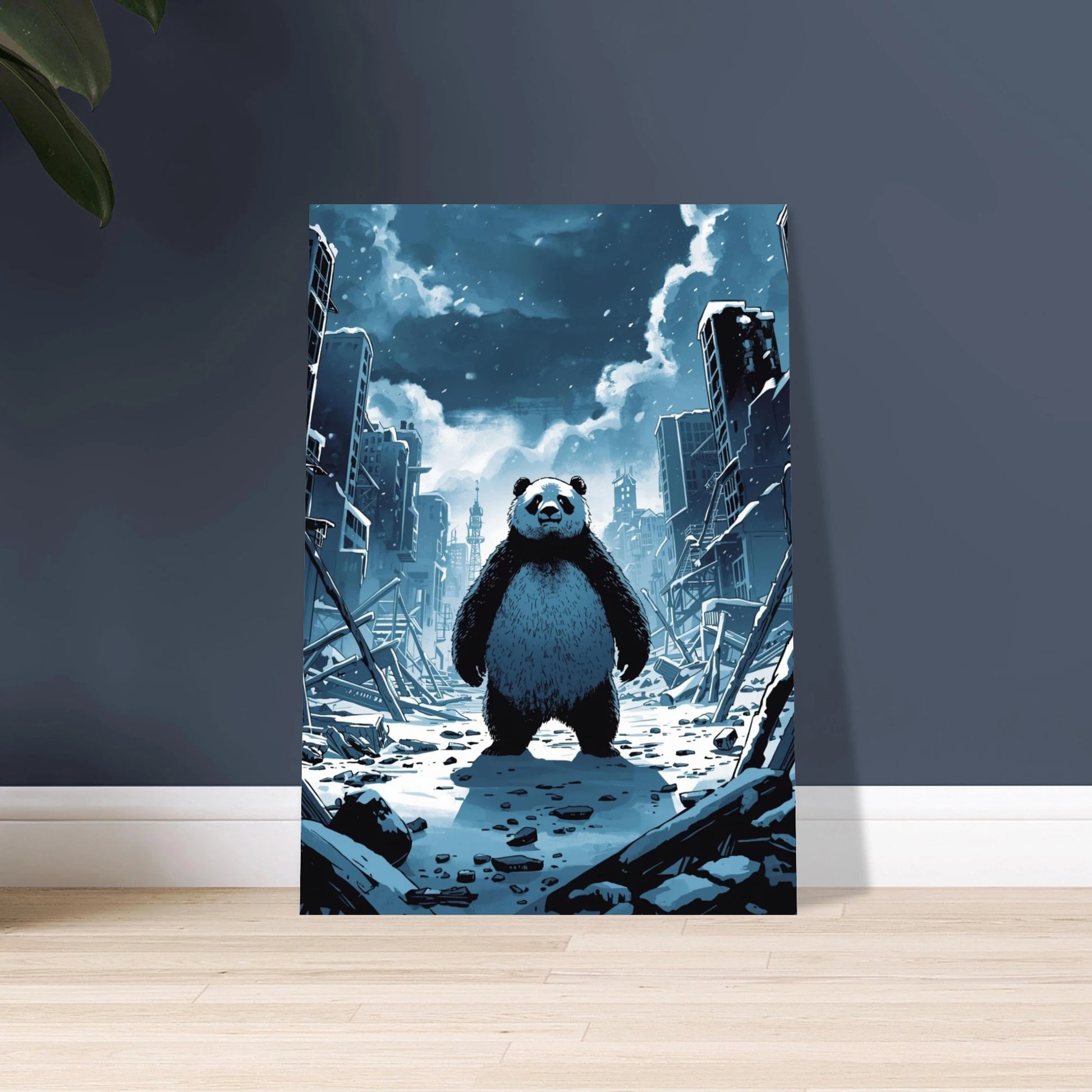 Panda i snötäckt, postapokalyptisk stadsmiljö, dramatisk stämning.