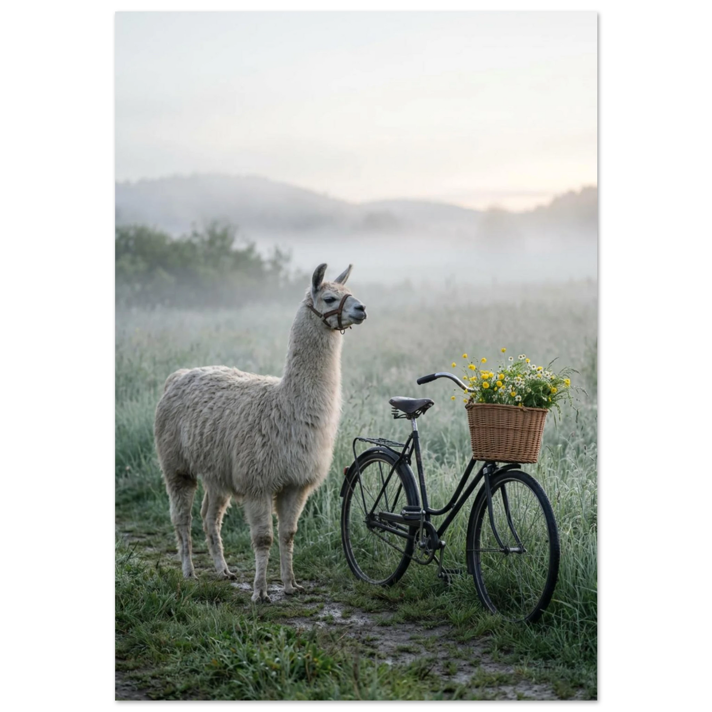 Elegant lama i dimmigt landskap bredvid vintagecykel med blommor.