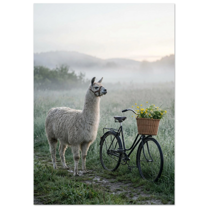 Elegant lama i dimmigt landskap bredvid vintagecykel med blommor.
