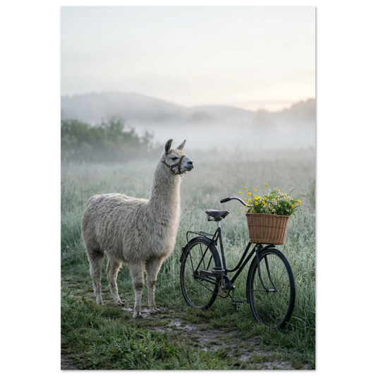 Elegant lama i dimmigt landskap bredvid vintagecykel med blommor.