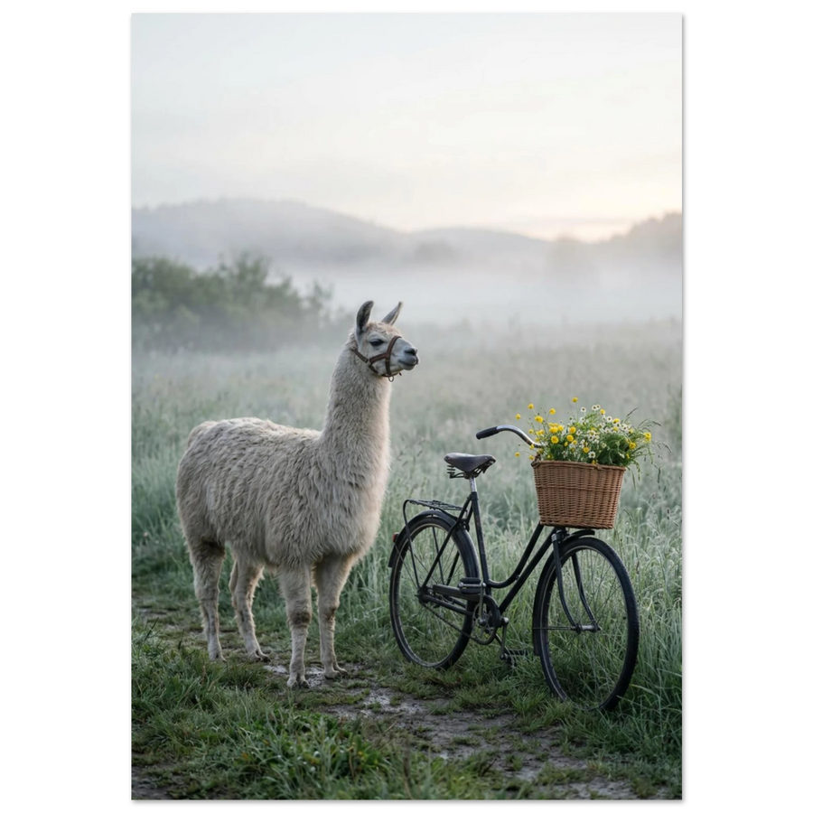 Vit lama bredvid vintagecykel i dimmigt morgonlandskap – stämningsfull fotoposter