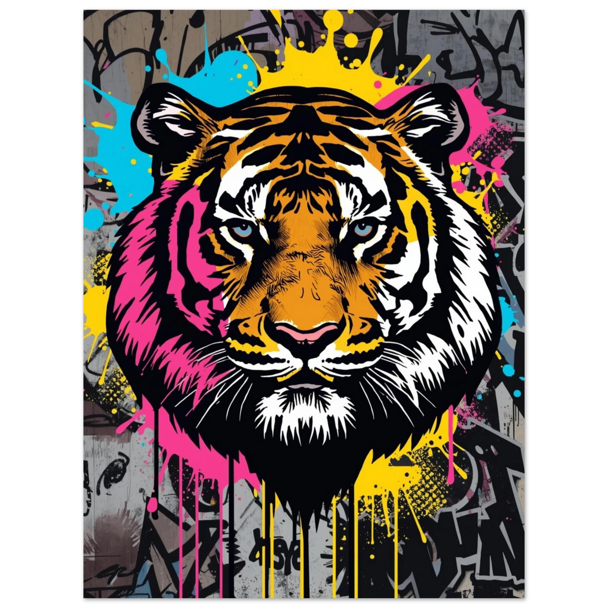 Street art inspirerat djurmotiv av en tiger med turkosa inslag