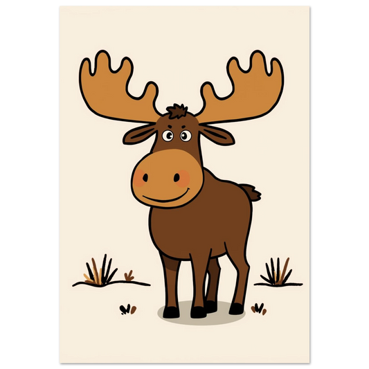 Tecknad brun älg med stora horn på beige bakgrund
