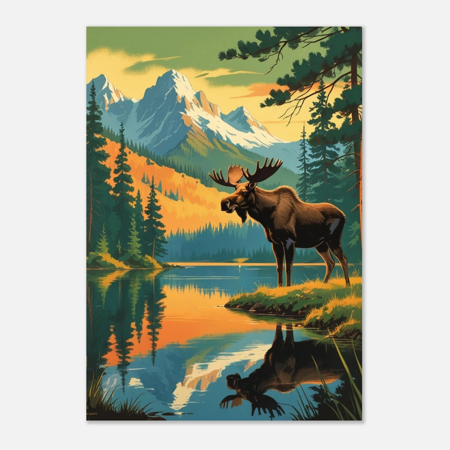 Vintageinspirerat djurtryck med älg i nordisk natur och gyllene ljus