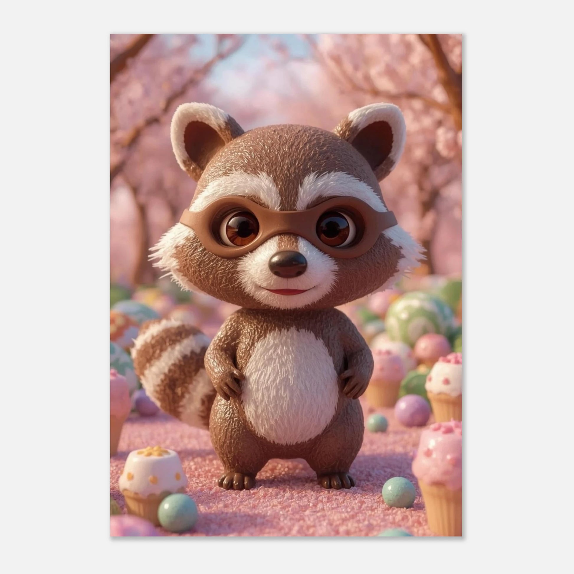 Lekfull djurposter med en tvättbjörn bland sötsaker och blommande träd