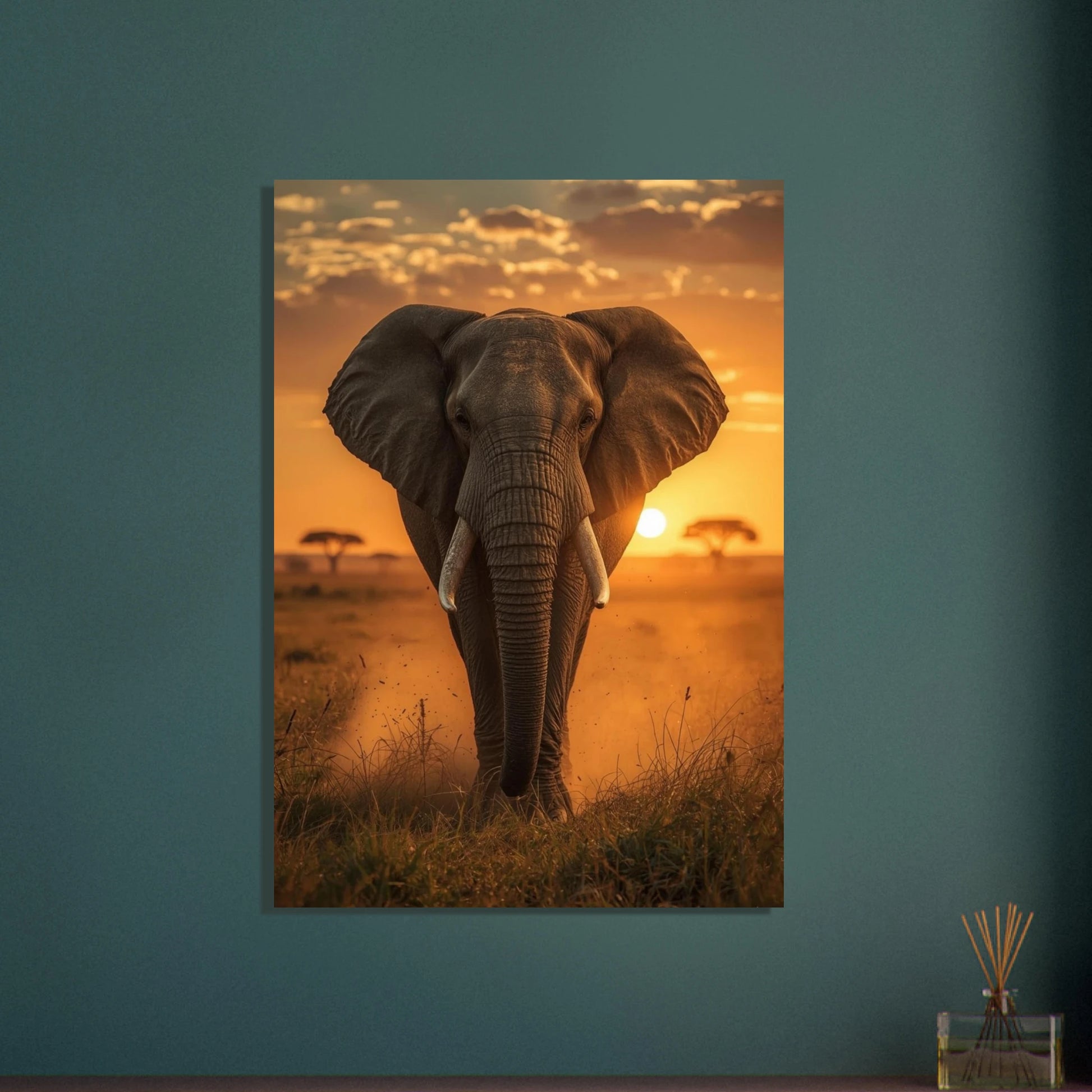 Majestätisk elefant i stiliserad afrikansk savann med måne