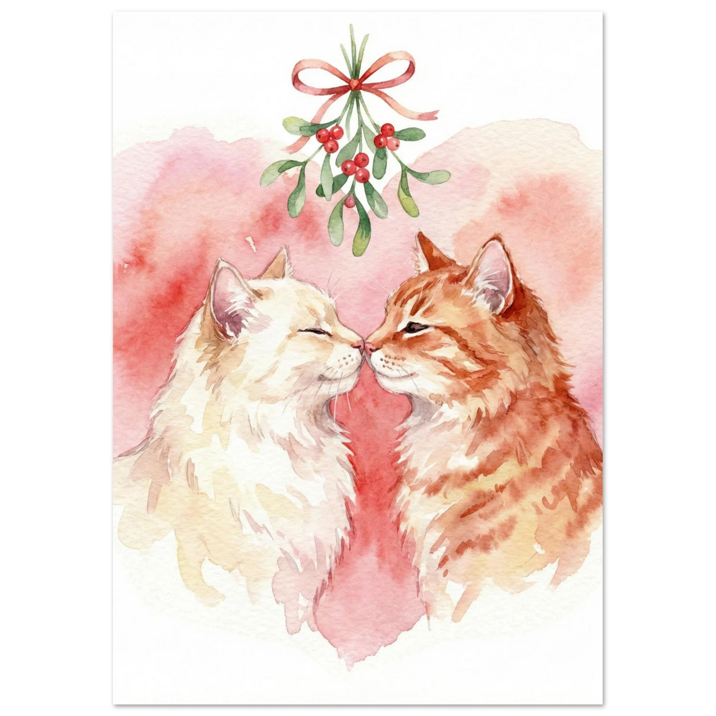 Romantiskt kattmotiv med mistel och rosa akvarellbakgrund för väggkonst