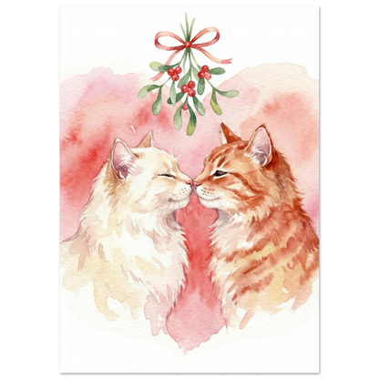 Romantiskt kattmotiv med mistel och rosa akvarellbakgrund för väggkonst