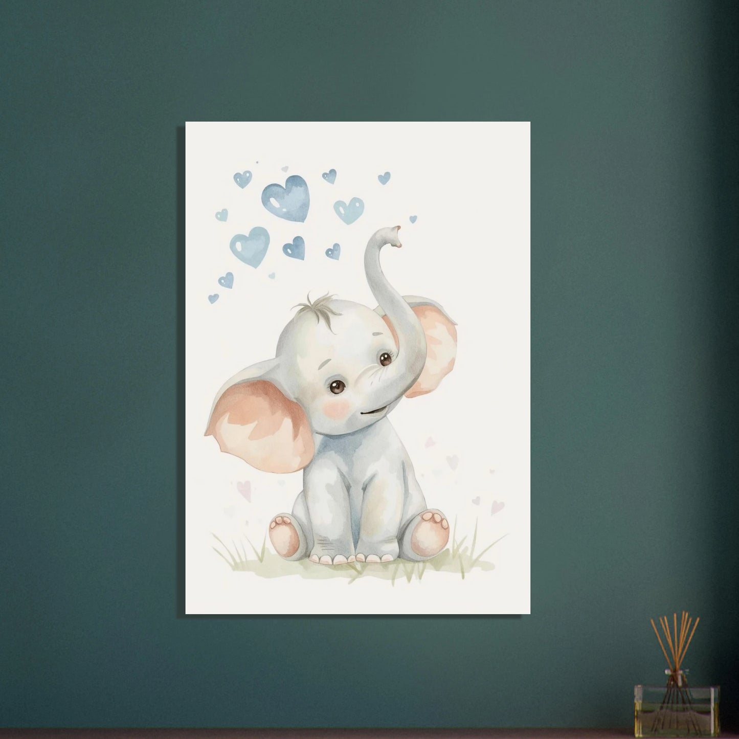 Söt baby-elefant i akvarell med blå hjärtan, mjuk och lekfull.