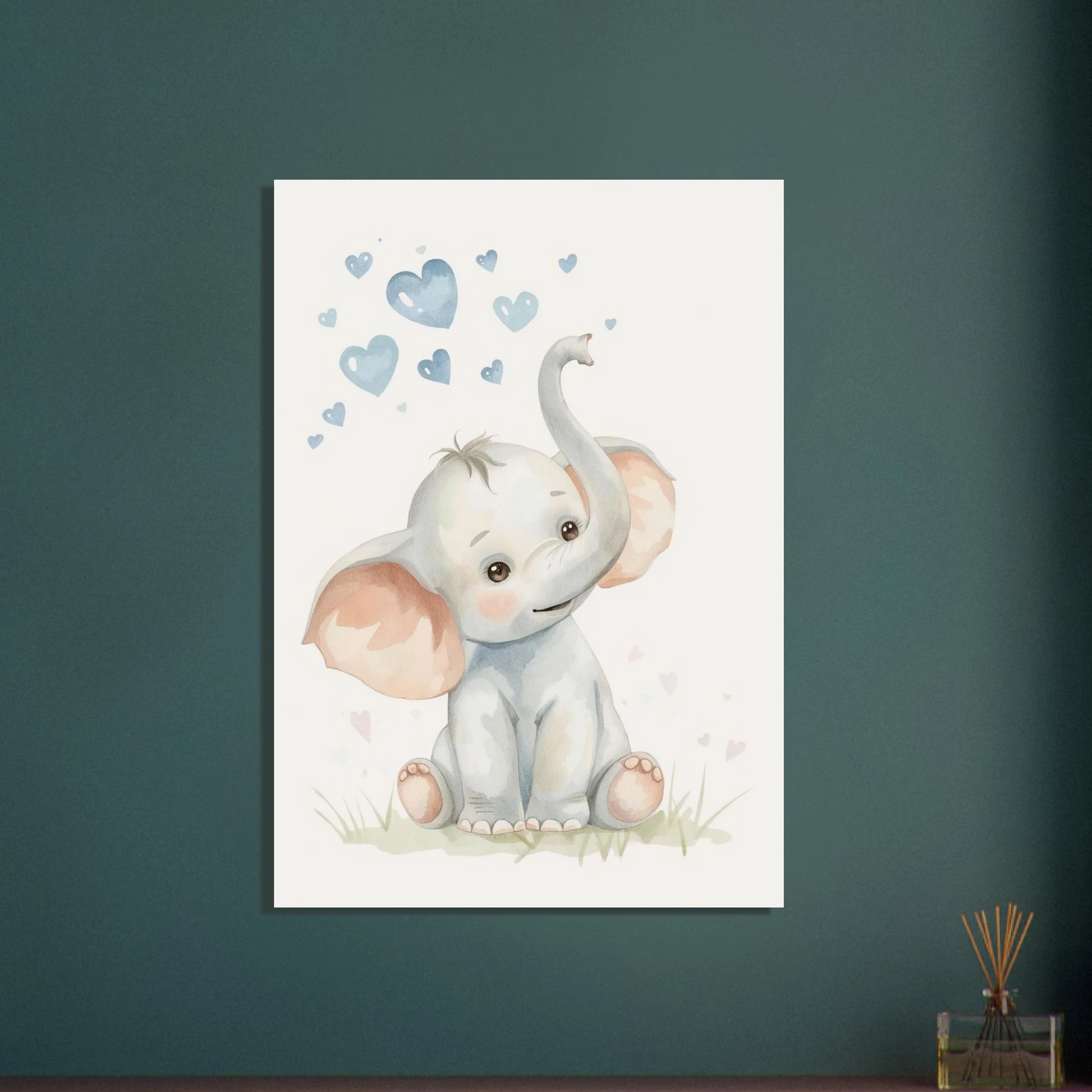 Söt baby-elefant i akvarell med blå hjärtan, mjuk och lekfull.