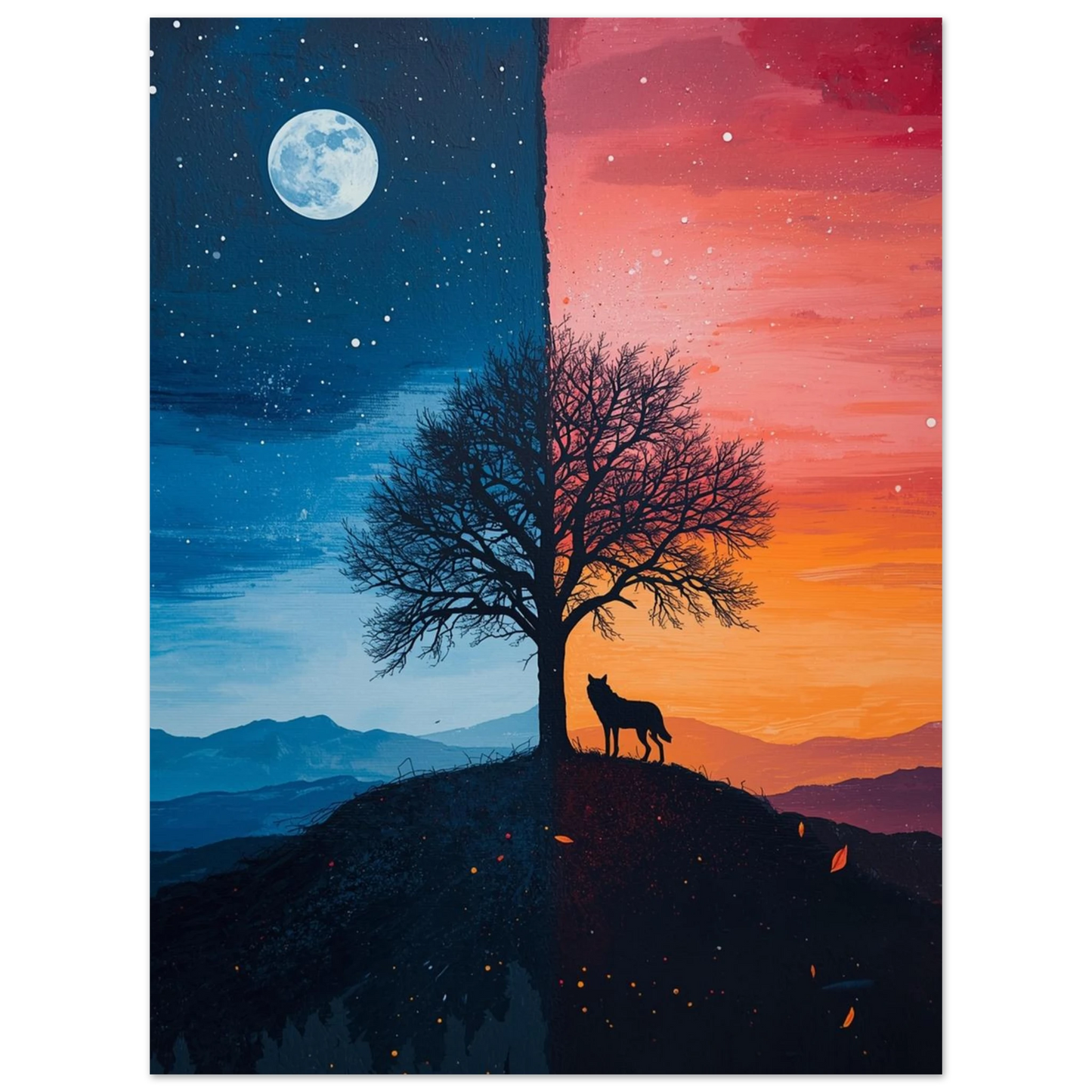 Symbolisk djurposter med vargmotiv i kontrastrik natt- och dagmiljö
