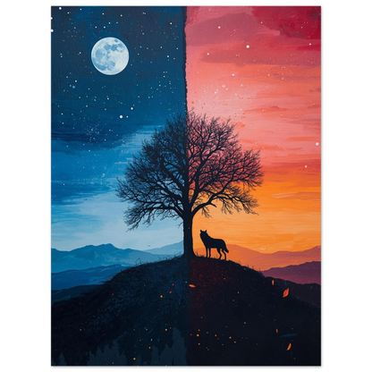 Symbolisk djurposter med vargmotiv i kontrastrik natt- och dagmiljö