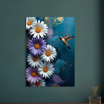 Kolibri bland vita och lila blommor på abstrakt bakgrund.