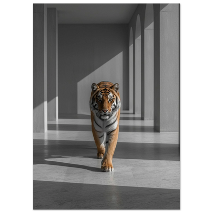 Närbild på tiger som går framåt i en upplyst korridor med djupskärpa – Fotorealistisk poster