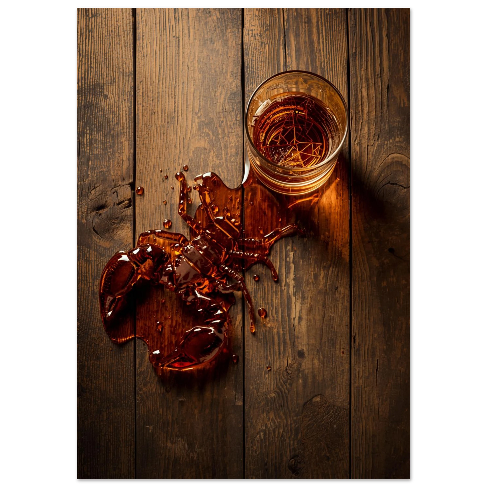 Flytande kräfta skapad av gyllene whiskey på gammal träyta – konstnärligt djurmotiv
