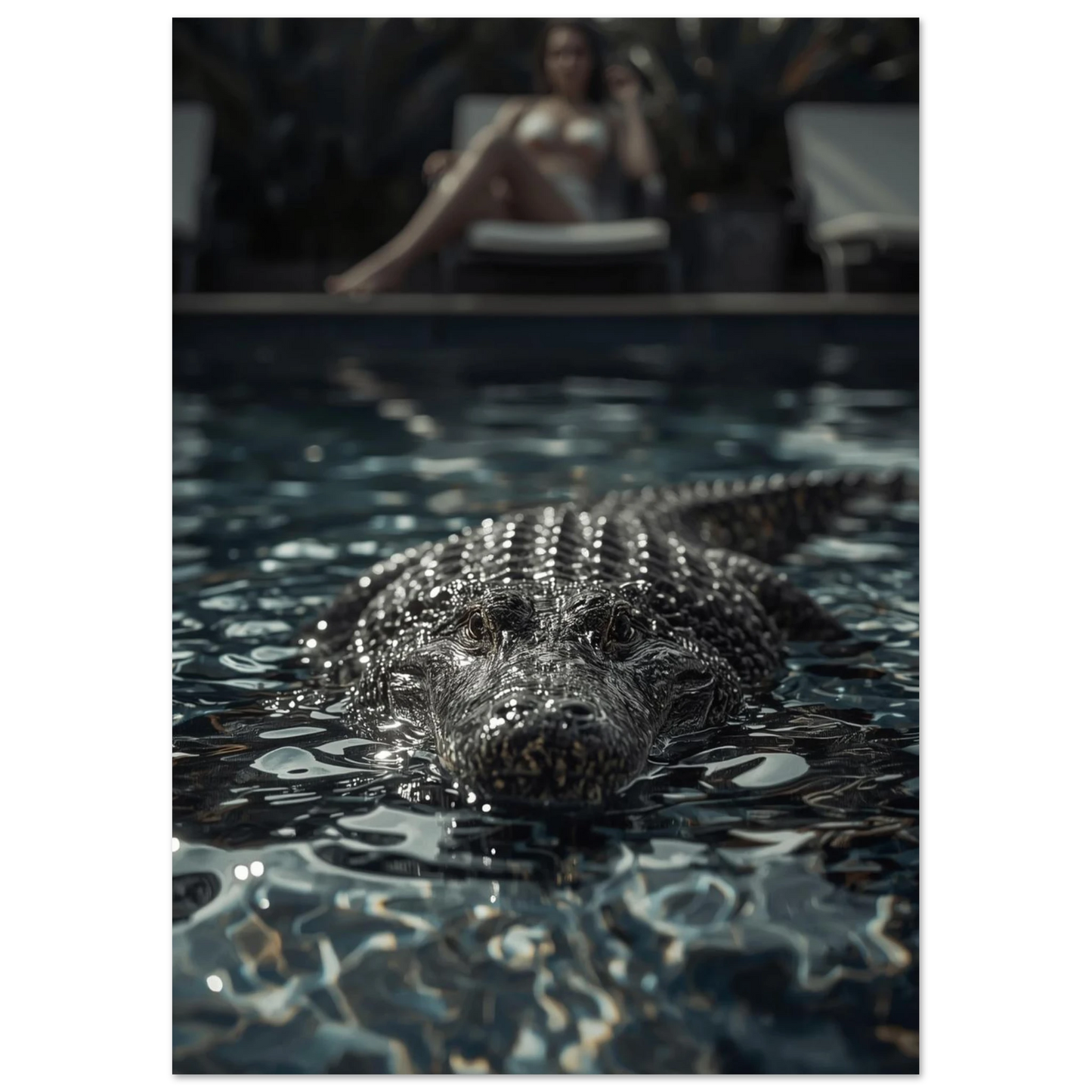 Smygande alligator i lyxig poolmiljö, mörk fotokonst för vardagsrum