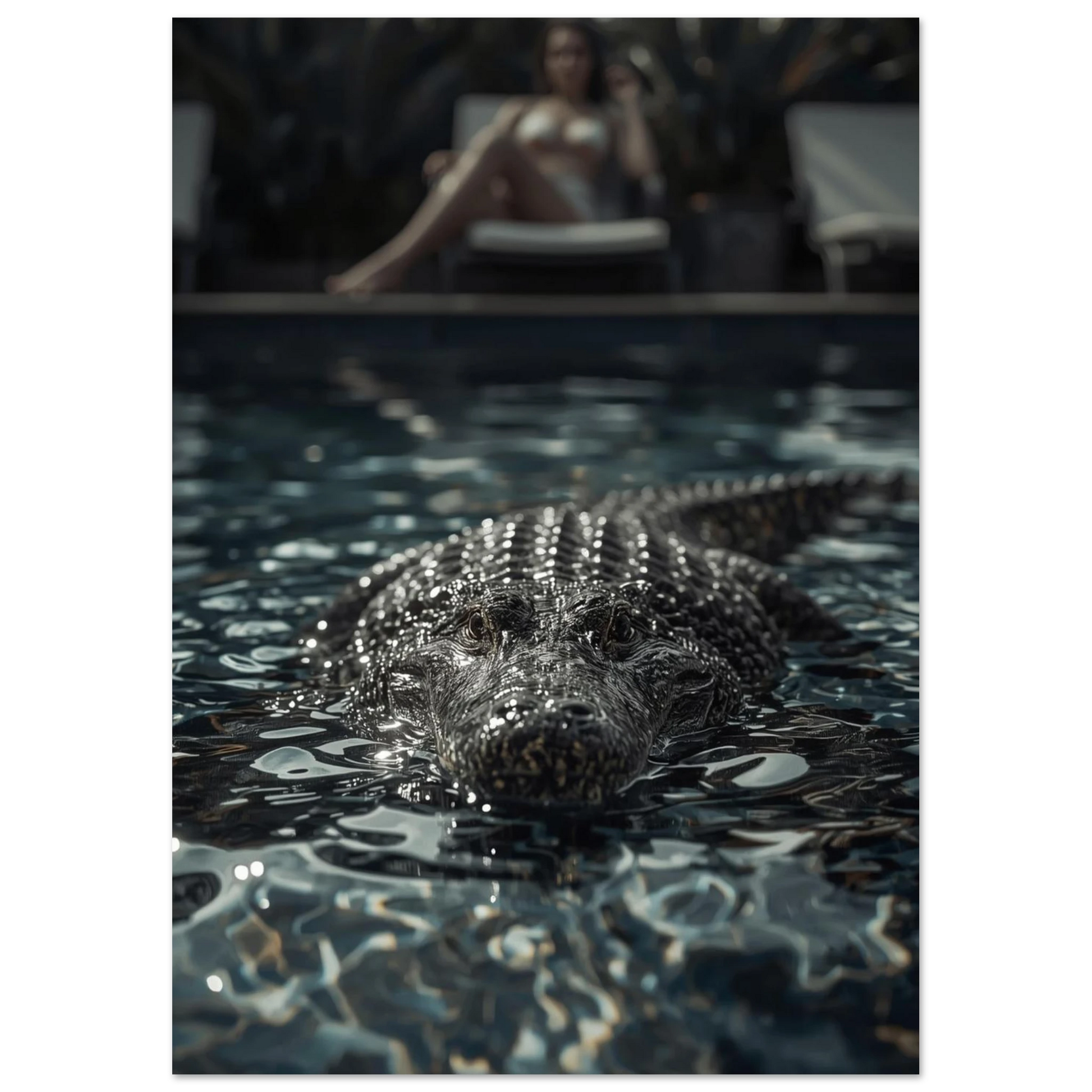 Smygande alligator i lyxig poolmiljö, mörk fotokonst för vardagsrum